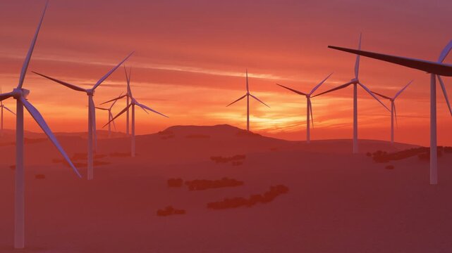 Wind turbines at sunset. 3D render. Wind Turbines Against a Colorful Sunset Sky. Landscape with renewable and sustainable energy with wind turbines. Wind turbines in a row against a captivating sunset