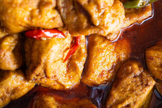 Tahu Bacem, Indonesian sweet braised tofu cooked with traditional Javanese spices and soy sauce.