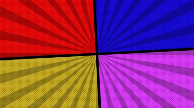 Comic Book Split Screen Background with Four Colorful Quadrants and Halftone Speed Lines for Manga Style Pop Art Video Projects
