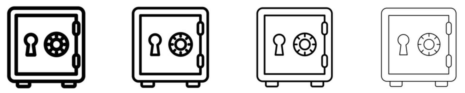 A set of safe line icons with a combination lock and a keyhole, featured in four different stroke weights. Vector illustration for security and finance.