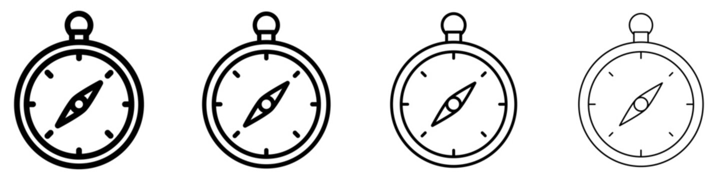 A set of compass line icons in four different stroke weights. Vector illustration for travel, navigation, and direction themes.