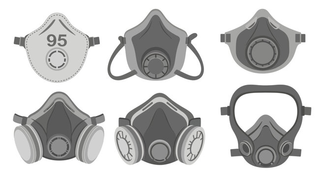 Set of respirator masks, protective face masks, dust masks, and gas masks, vector illustration