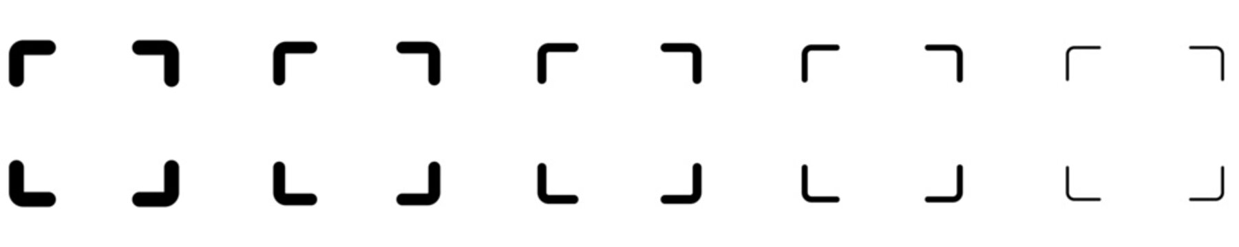 A set of focus frame or scan area line icons featured in five different stroke weights. Vector illustration for indicating camera focus, image capture, or data reading areas.