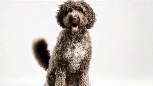 A cheerful dog with wet fur and drool on its face.