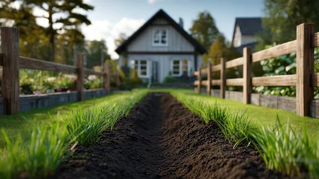 Garden Soil Trench Grass Fence House Yard Path Rural Landscape, Garden Trench Green Grass Wooden Fence House Exterior Rural Yard Soil Row Home Garden Daylight Shallow Depth, Garden Soil Trench House