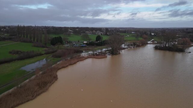 Aerial Drone View of Flooded Wicksteed Park After Heavy Rain in Kettering Northamptonshire England