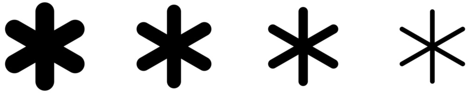 A set of asterisk or star line icons featured in four different stroke weights. Vector illustration for indicating hidden password characters or important notes.