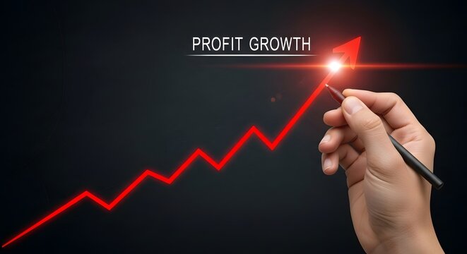 Hand drawing red arrow with glowing tip indicating profit growth