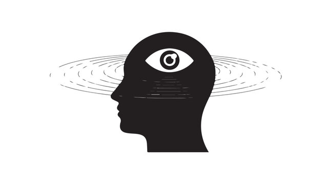 Black silhouette of a human head with an eye on the forehead and wavy lines around it for conceptual mental health and visionary ideas