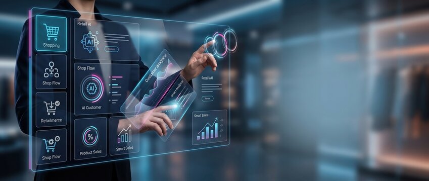 Person interacting with a futuristic holographic interface displaying retail analytics and shopping icons during a store visit