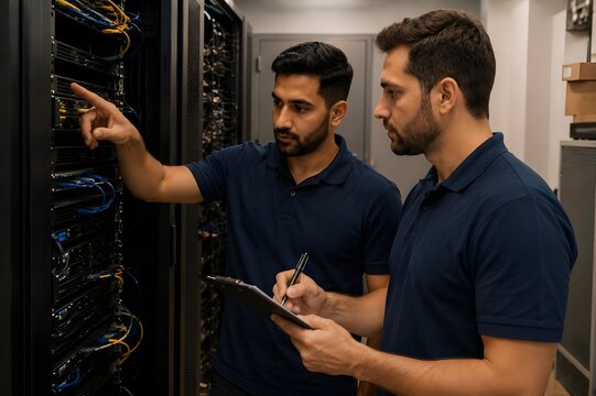 Two IT technicians inspecting server rack in 
data center, infrastructure maintenance concept, 
teamwork in server room