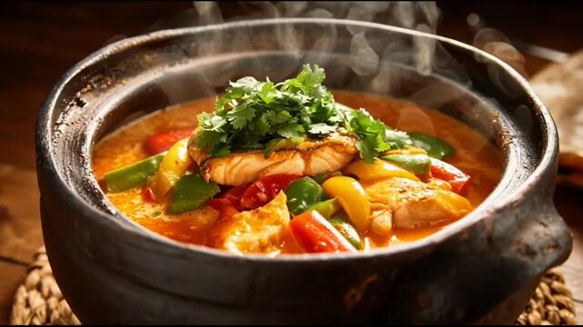 Brazilian Fish Moqueca With Coconut Milk Colorful Bell Peppers Fresh Cilantro Served Steaming Clay Pot Authentic Brazilian Cuisine Professional Food Photography Ultra Realistic