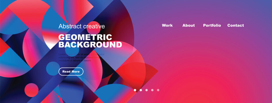 Vibrant abstract geometric background. Blue, red hues dominate design. Text includes geometric background, read more. Navigation visible.