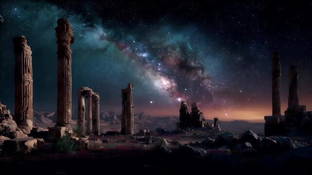 Space universe exploration, fantasy, mysterious. A vivid portrayal of ancient ruins under a starry night sky. The main subject is a series of tall, slender columns with intricate carvings.
