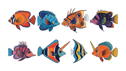 Exotic Fish Collection: A vibrant illustration showcasing a diverse array of stunning, colorful fish species, perfect for aquatic-themed projects and designs. © Md