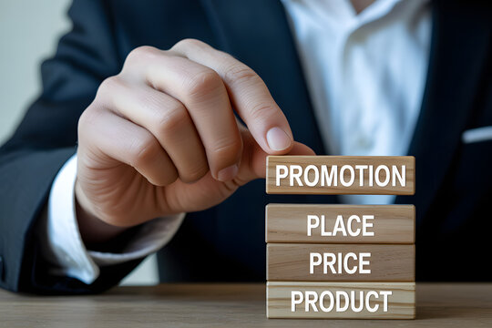 Business professional holding wooden block labeled &ldquo;PROMOTION&rdquo; above stacked blocks &ldquo;PLACE,&rdquo; &ldquo;PRICE,&rdquo; and &ldquo;PRODUCT,&rdquo; symbolizing the 4 Ps of marketing strategy