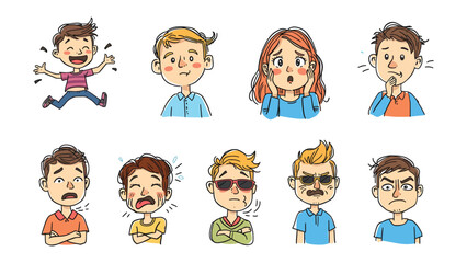 Fototapeta premium Character Expressions Collection: A diverse compilation of drawn characters, each revealing a spectrum of raw, unfiltered emotions.