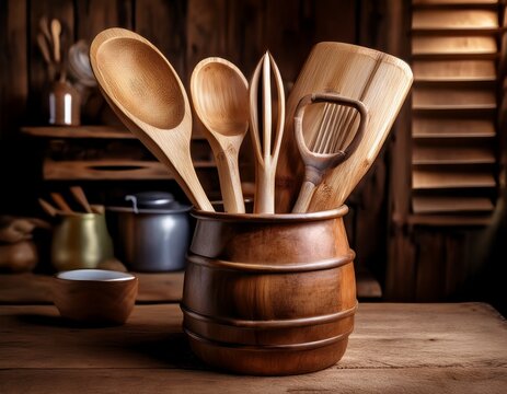 bamboo tools in rustic kitchen crock container high resolution picture