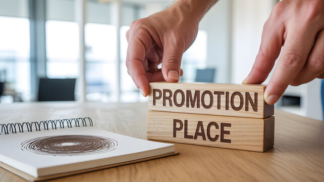 Two hands arranging wooden blocks labeled &ldquo;PROMOTION&rdquo; and &ldquo;PLACE&rdquo; beside notebook, symbolizing marketing mix strategy and business planning concepts  