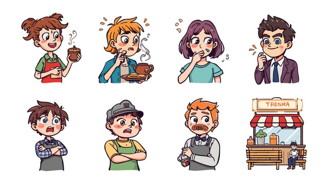 Gastronomic Expressions: A vibrant cartoon depicts various individuals reacting to different culinary experiences, from enjoying a hot beverage to sampling a questionable dish.