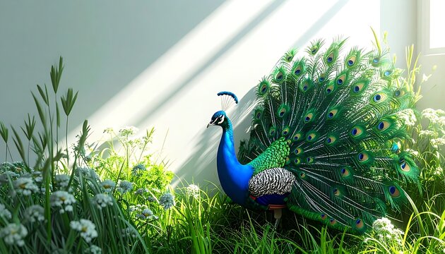 Majestic peacock displaying vibrant fanned tail feathers in lush green grass with soft sunlight rays, natural beauty and elegance
