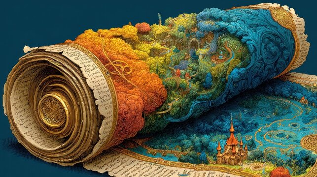 Colorful fantasy map unfurls, showcasing vibrant landscapes and a golden roll