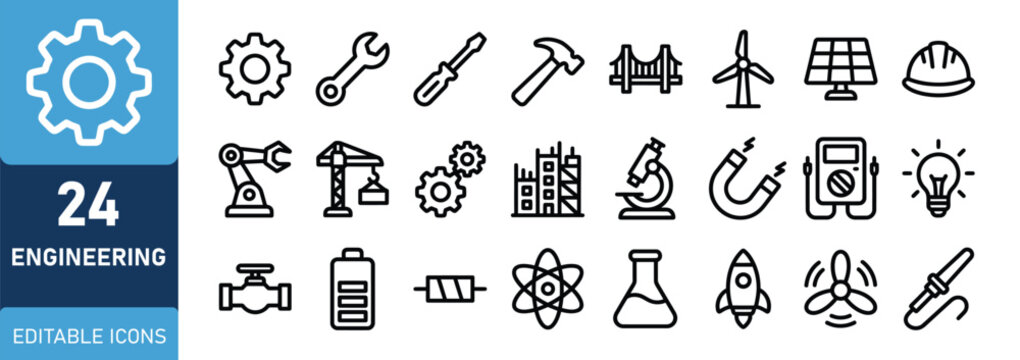 Engineering icons set 24 line icons for technical designs and industrial concepts