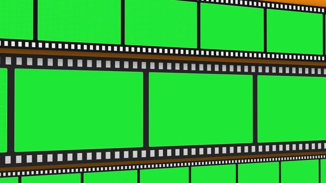 Film Strip Animation with Green Screen Frames Moving Across Orange Background for Cinema and Video Production Projects