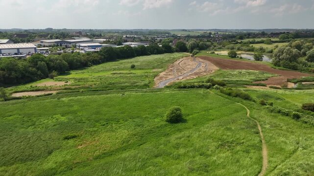 Aerial Drone View of Restored Wetland and Meadow Habitat in South Meadow Nature Reserve Barton Seagrave Kettering England UK