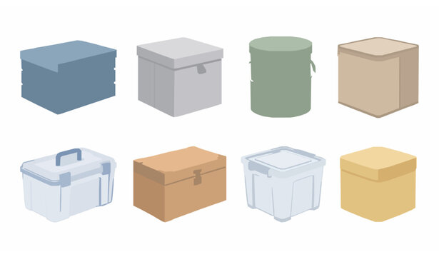 Modern storage boxes with lids and handles eight type vector illustration collection