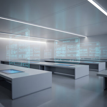Study hall environment presents transparent digital screens floating above rows of contemporary desks in a bright facility.