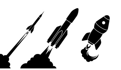 Minimal rocket launch silhouette collection with space exploration spacecraft vector design © Hazara