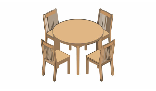 Round solid wood dining table and chair set perspective furniture vector isolated on white background