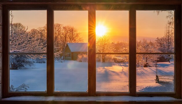 sunrise through a window overlooking a snowy yard