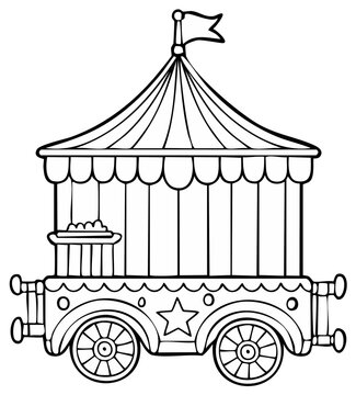 Black and white circus wagon illustration featuring a star, tent roof, and wheels.