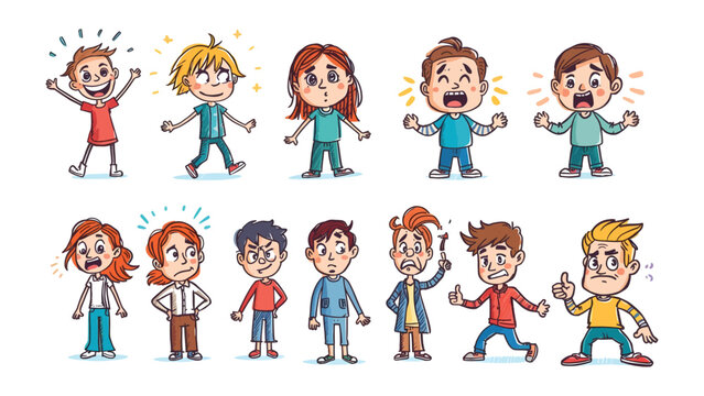 Emotions Unleashed: A vibrant illustration showcasing a diverse array of children, each vividly expressing a unique emotion, from unbridled joy to apprehensive worry.