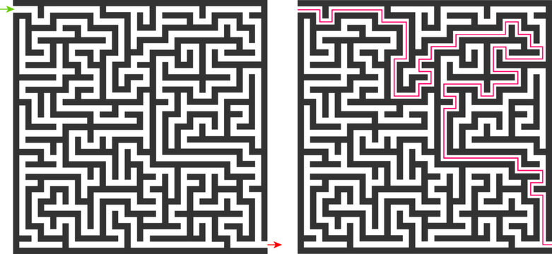 Vector illustration of maze puzzle with highlighted solution path in black and white style. Concept of problem solving, navigation, strategy, logical thinking, and successful decision making