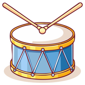 Cartoon drum with drumsticks, illustration in flat style, musical instrument