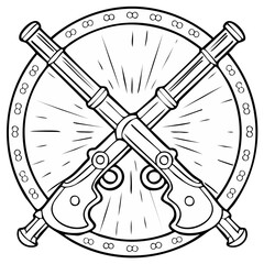 Naklejka premium Crossed antique muskets on a circular shield emblem black and white line art illustration
