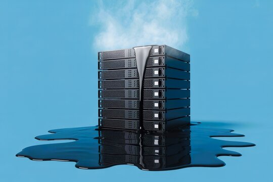server rack melting with smoke rising from liquid pool. Data center overload