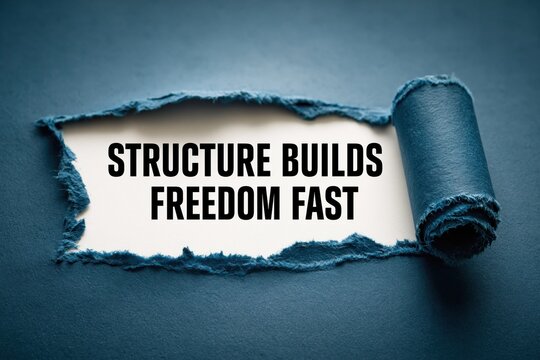 Insightful quote 'Structure Builds Freedom Fast' revealed in torn paper