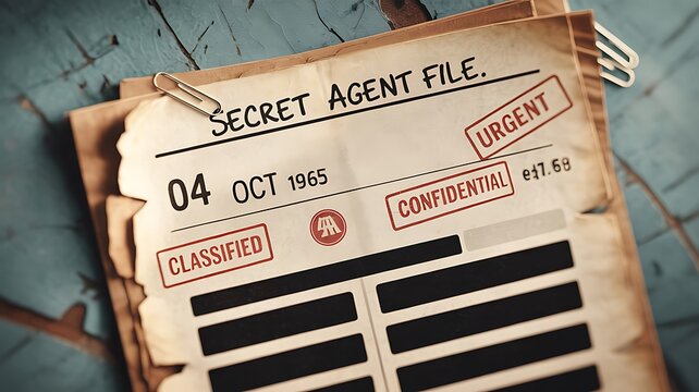 Redacted Secret Agent File Documents Resting On Metal Surface