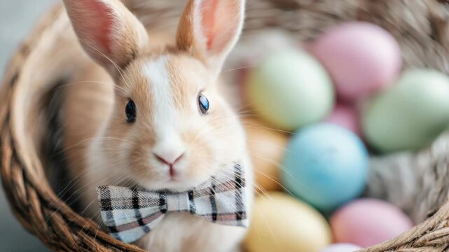 A white and brown rabbit wearing a blue bow tie sitting next to colorful Easter eggs in a wicker basket. A whimsical and festive perfect for spring celebrations or children's activities.