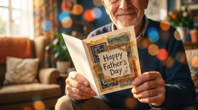 Smiling Man Holding Happy Fathers Day Card