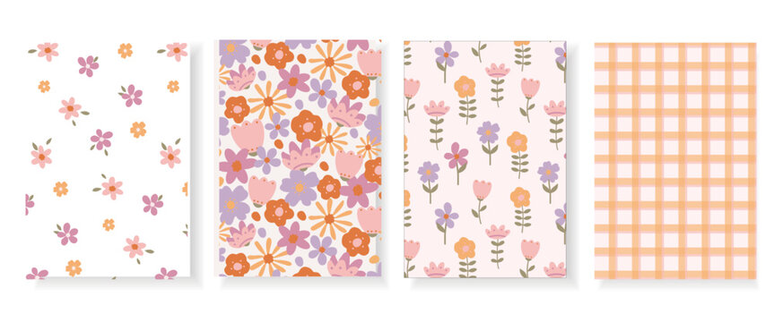 Collection of four seamless patterns with ditsy florals, bold retro flowers, stem tulips and gingham plaid in pink, purple and orange. Perfect for fabric, textile, fashion, stationery and gift wrappin