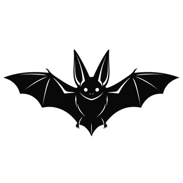 Black cartoon bat flying isolated on white background with big ears