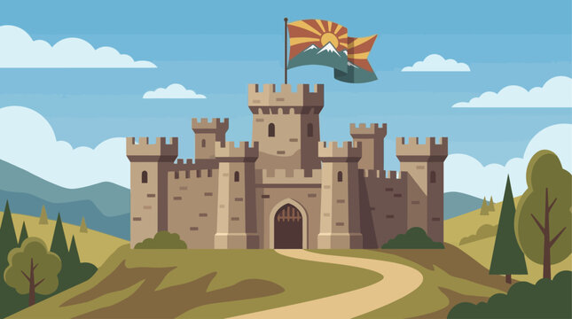 Caroline visits the medieval castle on a sunny day with towers and flag.
