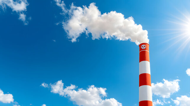 Factory chimney smoke pollution cloud sky industry emission environment danger rising from striped stack forming ominous shape blue sky, concept of environmental risk and industrial impact nature