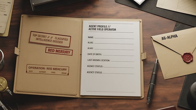 Open Top Secret Dossier With Blank Agent Profile On Wooden Desk