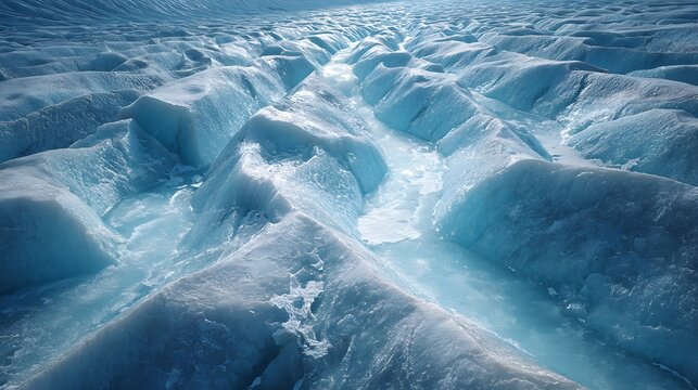 Aerial view of a glacier with deep crevasses and icy blue ridges